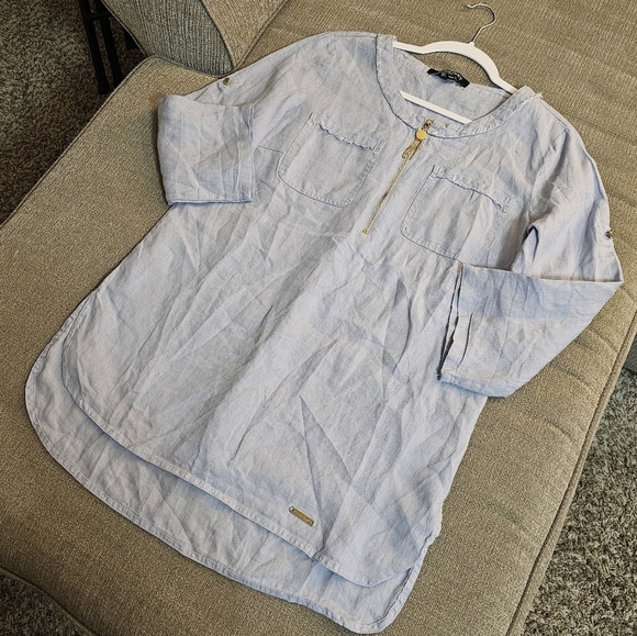 Ellen Tracy Linen Light Blue Casual Career Office Tunic w/ Gold Accents Small - Picture 2 of 6